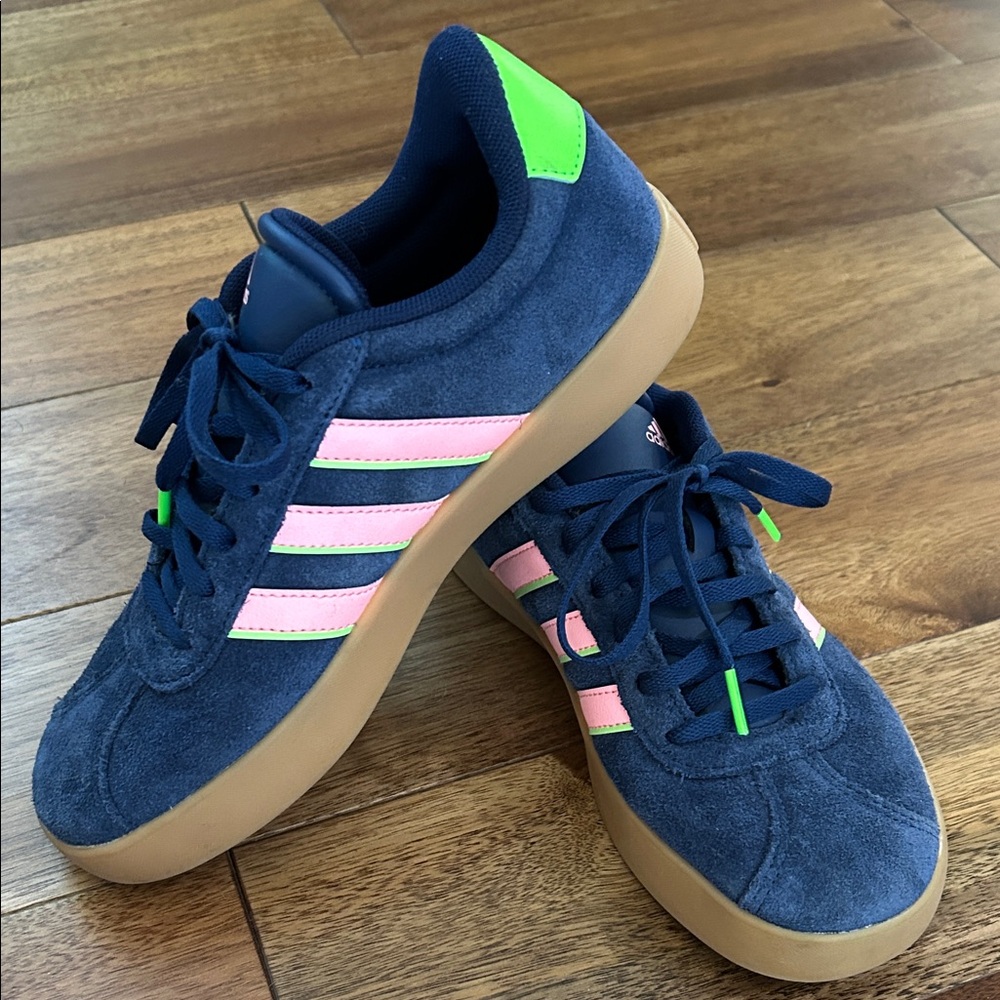 Adidas Kids' Blue and Pink Sneakers with Green Accents